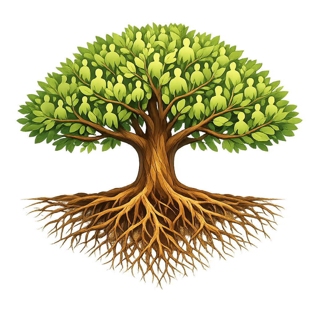 Community members collaborating under a social tree